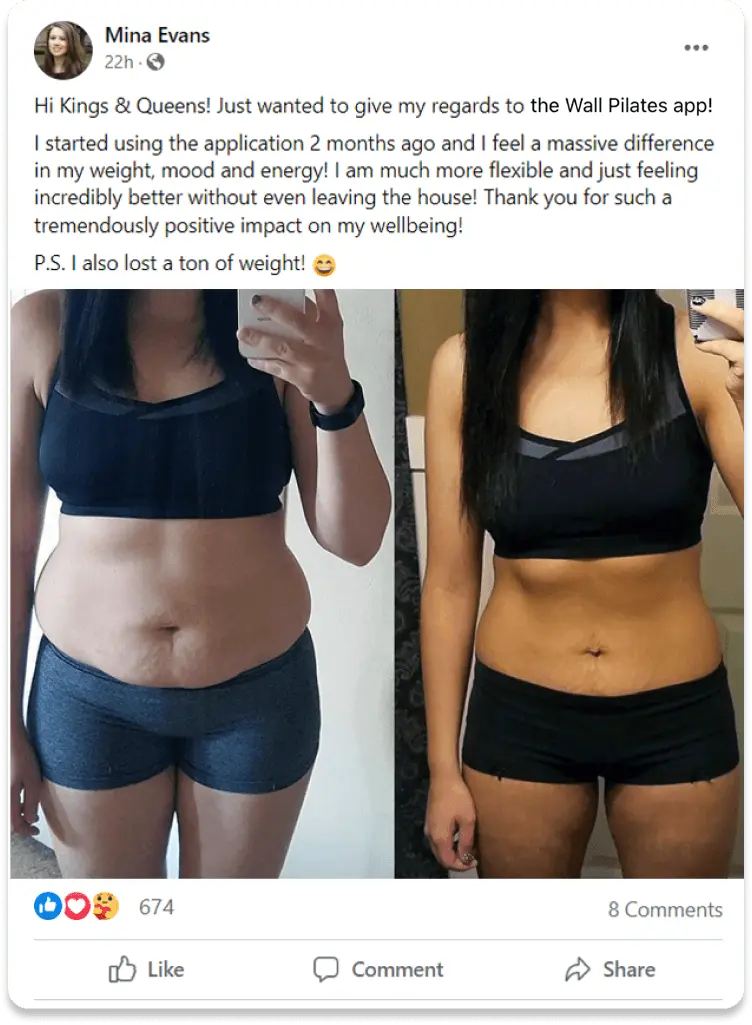 A woman's before and after photos showing her weight loss and fitness progress, with a testimonial about the Wall Pilates app