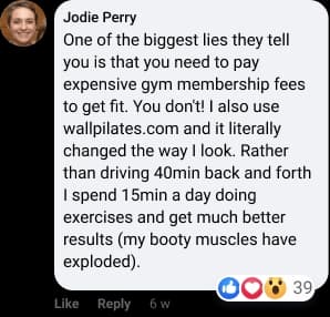 A social media post by Jodie Perry featuring a photo of her smiling, with a testimonial about using wallpilates.com for fitness