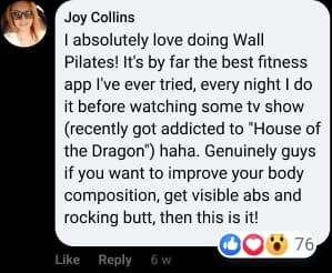A social media post by Joy Collins about Wall Pilates, with a profile picture in the top left corner and reaction emojis at the bottom