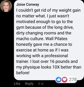 Screenshot of a testimonial from Joise Conway about her experience with Wall Pilates